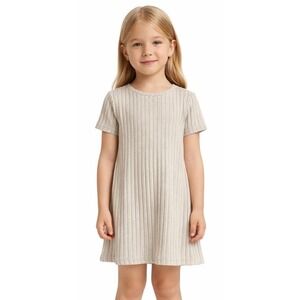 SHEIN Girls Size 6 Ribbed Knit Sweater Dress Beige Tan A-Line Short Sleeve Slit